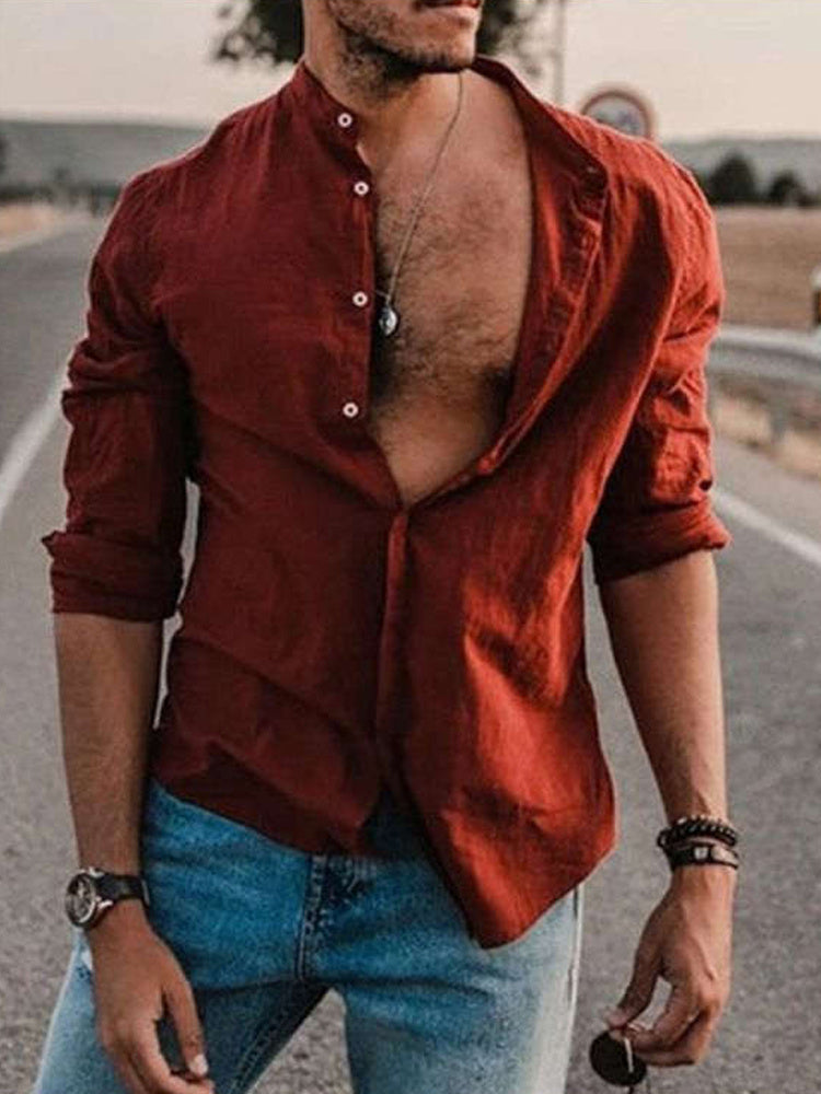 Men's Vintage Red Long Sleeve Linen Shirt