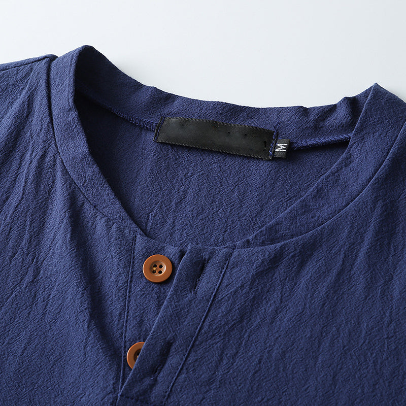 Men'S Vintage Button Casual Linen Blend Large Size Short Sleeve T-Shir