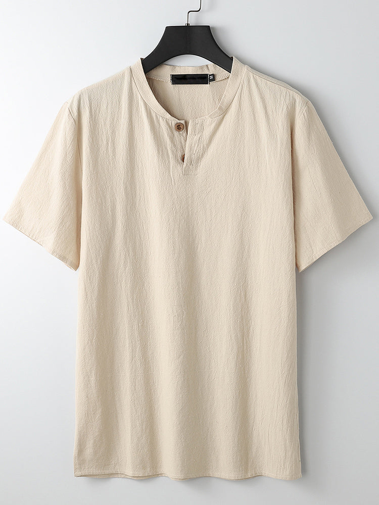 Men'S Vintage Button Casual Linen Blend Large Size Short Sleeve T-Shir