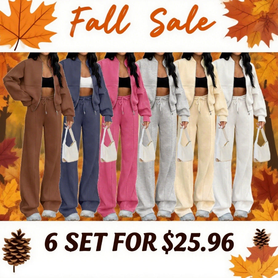 Fall Sale🔥Women's Fall 2 Piece Sweatsuits Set Long Sleeve Zip Up Sweatshirt Wide Leg Sweatpants Lounge Sets